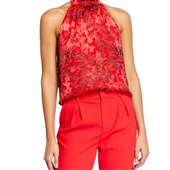 Alice & Olivia Ingrid Floral Print Satin Halter Top in Red - Picture 1 of 7